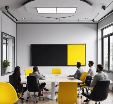 A warm team photo of one.infinity staff collaborating in a bright, modern office space filled with product samples and digital screens.