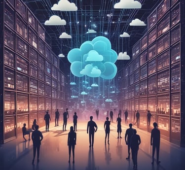 A diverse team collaborating over laptops in a modern office, with screens displaying AI data and cloud infrastructure visuals.