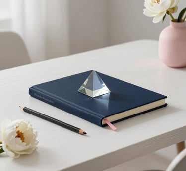 A glass pyramid prism on a navy blue notebook with pencils and a white peony on a desk.