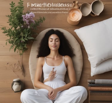 A serene person meditating in a cozy, softly lit room filled with plants.