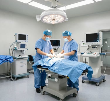 Technician carefully inspecting a c-arm imaging device in a bright, clean medical facility.