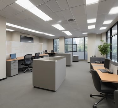 a desk with a chair and a chair in front of a window