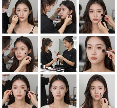 A professional makeup artist applying vibrant makeup on a smiling client in a bright studio.