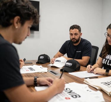 A vibrant workspace showing colorful custom t-shirts, caps, and mugs being printed and embroidered.