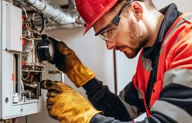 Professional HVAC technician in a hard hat repairing a residential furnace and heating system.