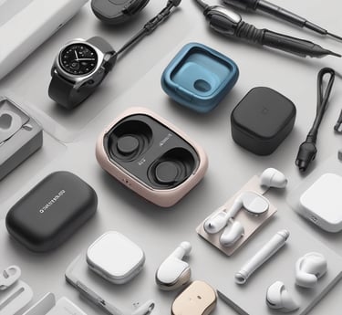 A stylish, modern electronics store interior with elegant displays showcasing high-end gadgets under warm lighting.