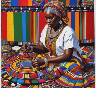 Close-up of a colorful handmade bag crafted by a South African woman, showing detailed stitching and vibrant fabric.