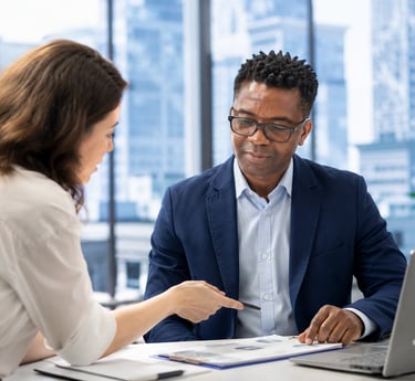 Professional business consultant reviewing financial data with a client in a modern high-rise office.