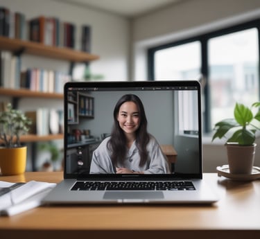 A happy learner chatting with a friendly tutor on a laptop, surrounded by language notes and a progress dashboard on screen.
