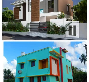 Comparison of a modern luxury villa 3D design and a colorful two-story residential house. in chennai