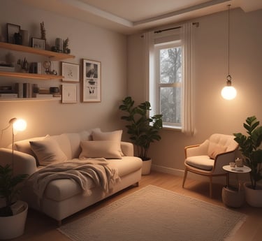 Cozy therapy room with warm beige tones, soft natural light and green sage plant accents.