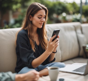 A confident business owner working on a laptop, surrounded by notes and digital product designs.