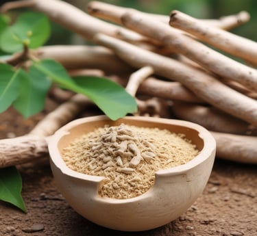 A close-up of freshly dug ashwagandha roots resting on natural soil near Himalayan foothills.