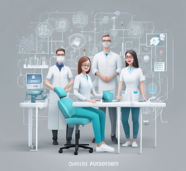 A sleek black-and-white workspace showing a dentist and designer collaborating over digital dental models with cyan accents highlighting key tools.