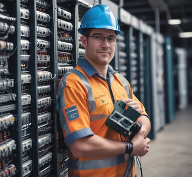 A professional technician assisting a client with IT infrastructure setup in a modern office.