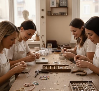 mujeres en un taller de una tienda de joyeria creando joyeria moderna y clasica