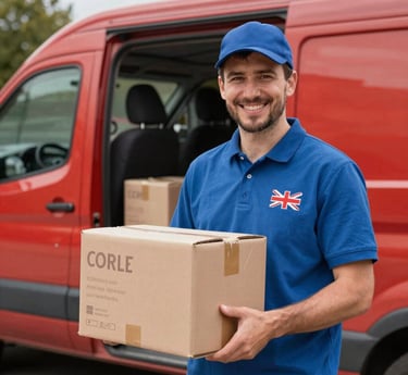 A smiling customer receiving a mobile phone package at their doorstep, showcasing friendly service.