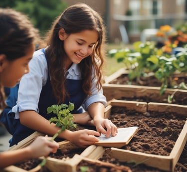 Students working together in a rooftop garden, engaged in planting and learning about sustainable agriculture.
