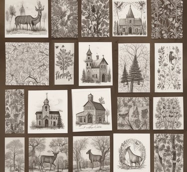 Close-up of artisan hands stitching fabric beside polished wooden jewelry pieces and delicate handmade cards.