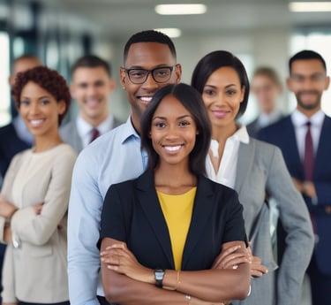 Professional African American woman in business attire working confidently at a modern desk with dual monitors showing financial spreadsheets and project management software.