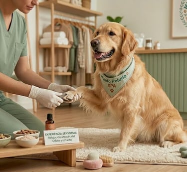 Un peluquero canino profesional le da un masaje de patas a un perro en un spa de lujo para mascotas