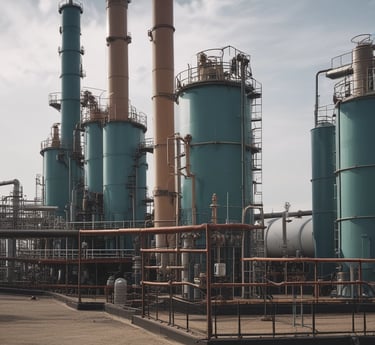 A professional petrochemical plant with pipelines and storage tanks under a clear blue sky.