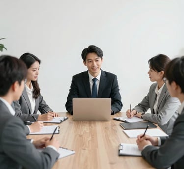 A diverse group of parents working together in a bright, welcoming office space.