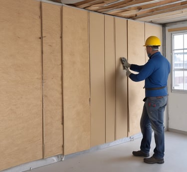 A team of professionals installing eco-friendly insulation materials in a modern building.