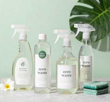 A cheerful cleaner riding a bike with cleaning supplies, surrounded by lush greenery and sparkling clean windows.