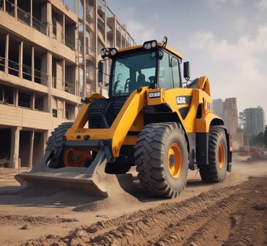 A fleet of heavy-duty rental equipment lined up under a clear blue sky in the UAE desert.