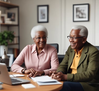 A warm, professional lawyer discussing estate plans with a smiling elderly couple in a cozy office.