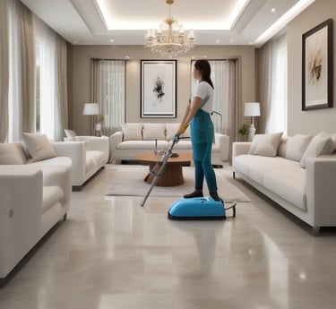 A professional cleaning team working together in a bright modern apartment hallway.