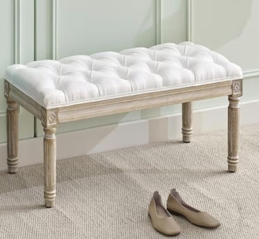 Upholstered Tufted End of Bed Bench with Brushed Wood Legs, White