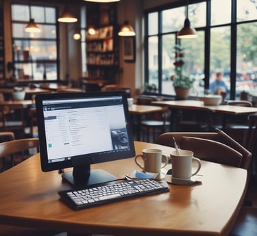 A clean, modern workspace with a laptop displaying systeme.io dashboard and a cup of coffee nearby.