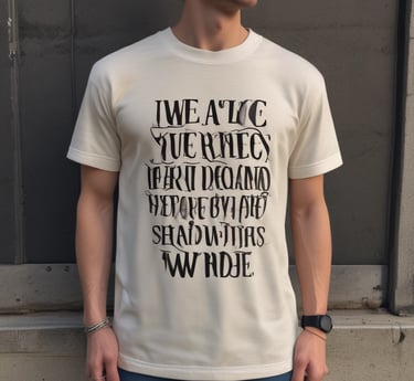 A close-up of a cozy t-shirt featuring bold, handwritten-style letters across the chest.