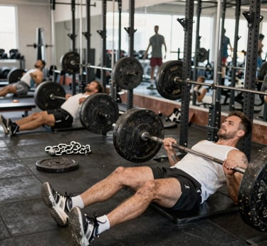 A determined middle-aged person lifting weights in a home gym, sweat showing effort and resolve.