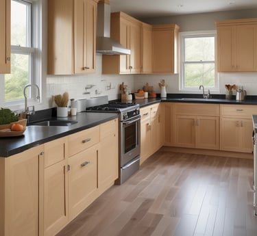 A bright, modern kitchen featuring white shaker cabinets and sleek solid surface countertops with warm LVP flooring.