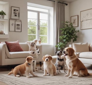 A cozy, sunlit dog boarding room with soft bedding and natural wooden accents, reflecting a calm home-style environment.