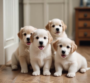 A peaceful, sunlit room with soft bedding and happy pets playing gently in a small group.