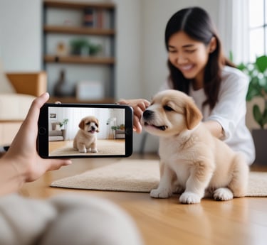 A peaceful, sunlit room with soft bedding and happy pets playing gently in a small group.
