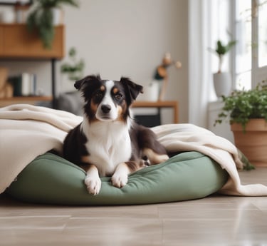 A peaceful, sunlit room with soft bedding and happy pets playing gently in a small group.