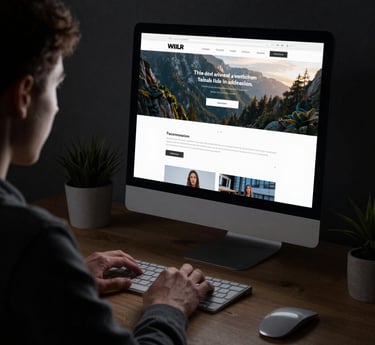 A cozy Scandinavian-style restaurant interior with warm lighting, alongside a candid shot of the agency team planning content around a wooden table.