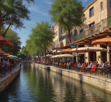 A lively San Antonio street scene showing diverse people engaging with local shops and community events.