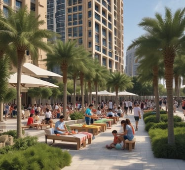 a group of people sitting under a palm tree