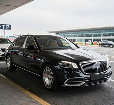 A professional Chinese driver warmly greeting a passenger at Boston Logan Airport with a sleek black car in the background.