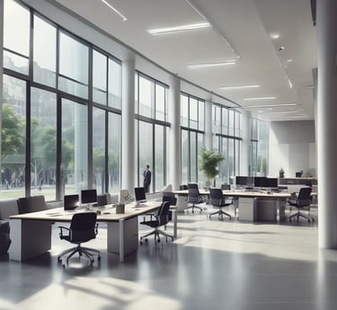 Modern office workspace with diverse team collaborating on digital devices.