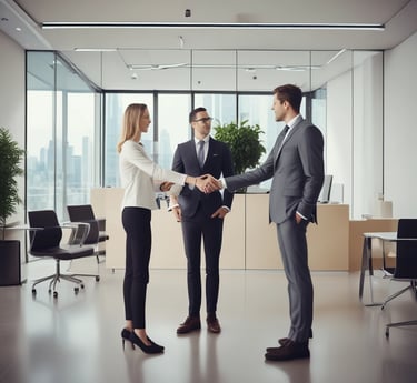 Modern office workspace with diverse team collaborating over digital devices and data charts.