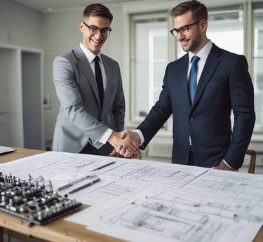 Professional engineers collaborating over mechanical design blueprints in an office setting.