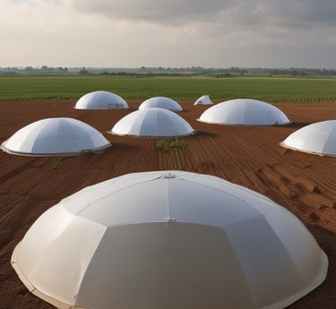 A sleek, transparent dome covering a farmland landscape under a clear blue sky with storm clouds approaching in the distance.