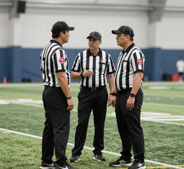 picture of refs talking on an indoor football field